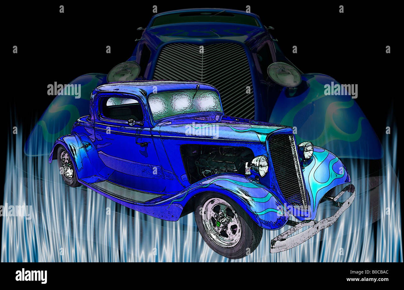 Illustration of a blue 1934 5 window Ford Coupe with a monster ghost image behind it and blue flames coming from below Stock Photo