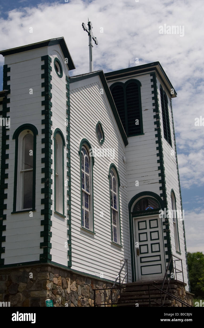 St Mary's of the Mountain Catholic Church in the Catskill Mountains of New York State set against the blue sky Stock Photo