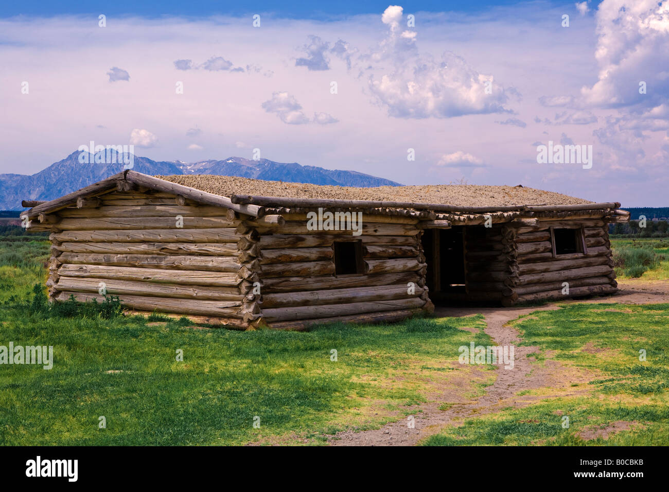 Image of the historic Cunningham Cabin in the Grand Tetons National Park Wyoming Summer day with storm approching Stock Photo