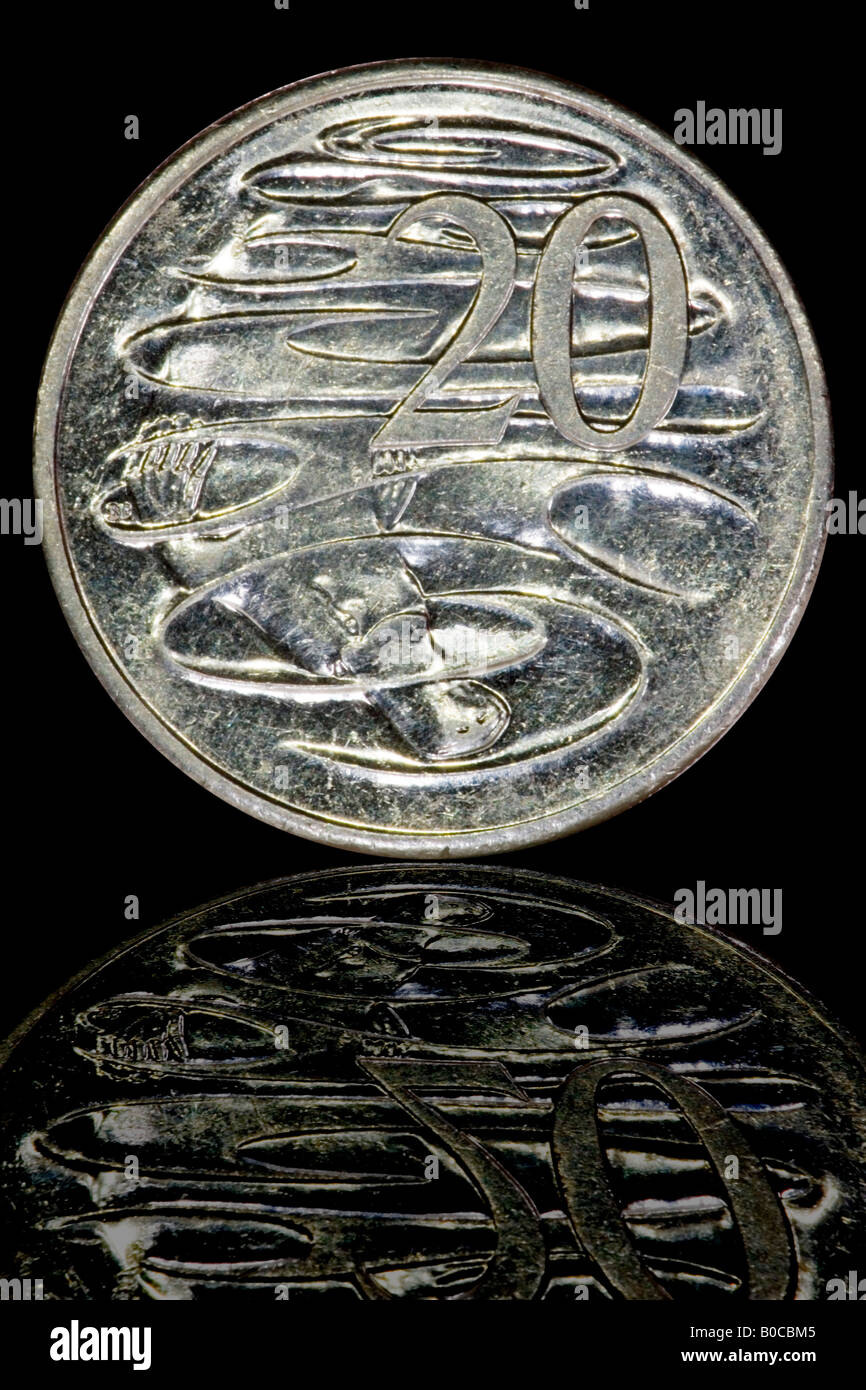 Close up image of the Australian twenty cent piece with the Duck billed Platypus engraving with reflection Stock Photo