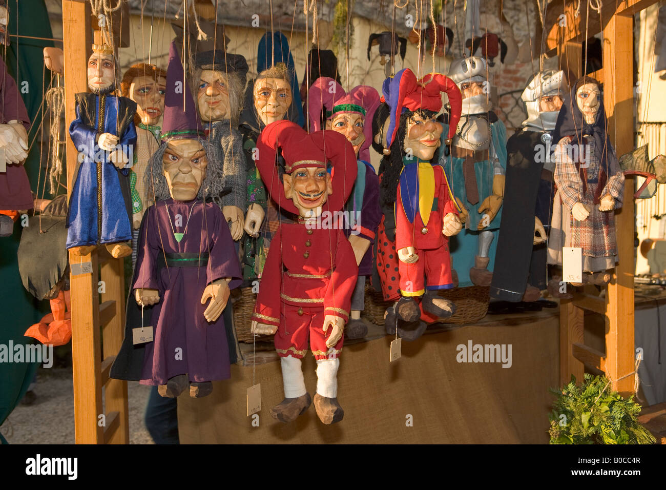 Handcrafted puppets for sale at the Christmas Markets at the Hexenagger Castle, Hexenagger, Bavaria, Germany, Europe. Stock Photo