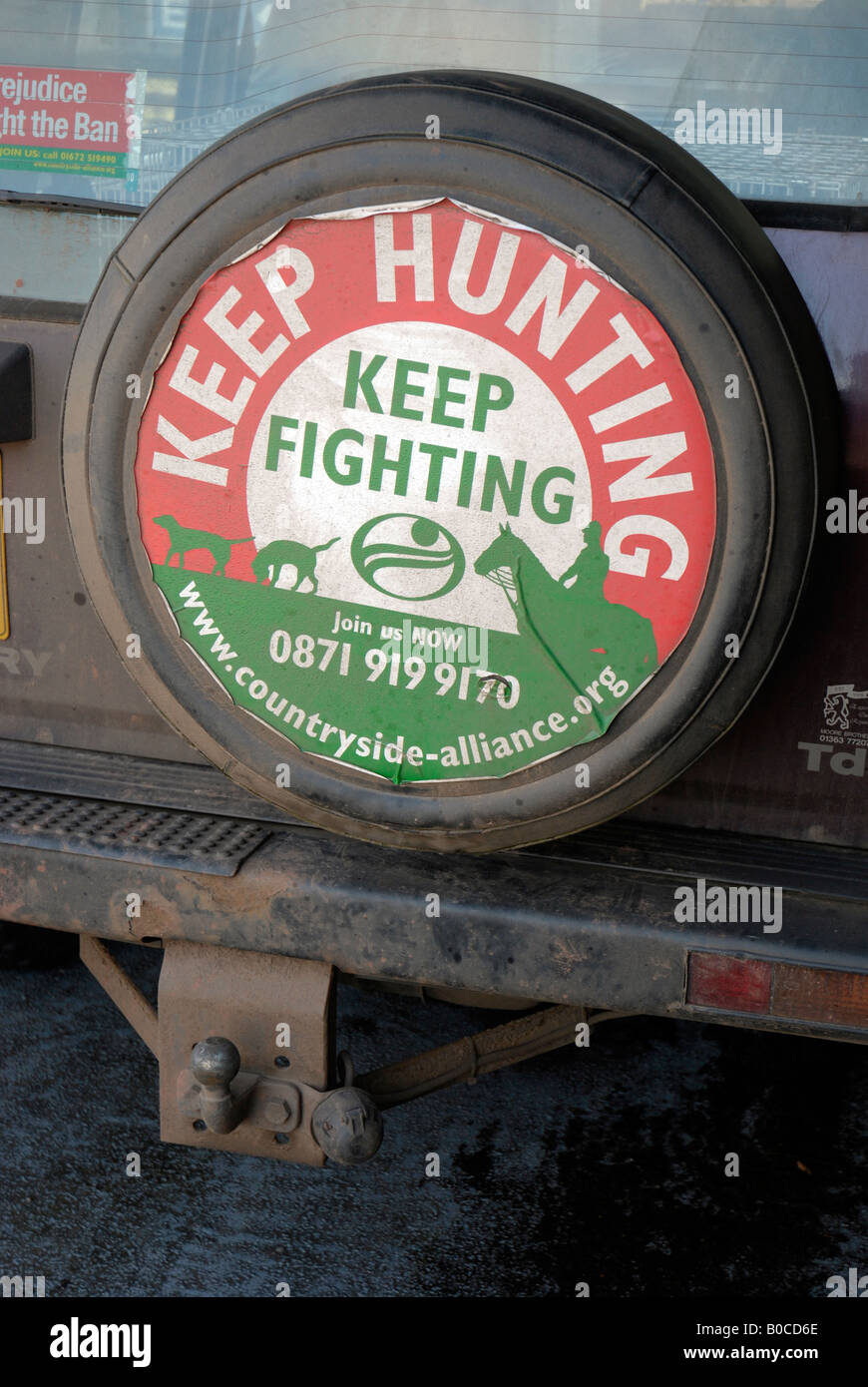 Countryside Alliance pro hunting campaign banner on the spare wheel of a four wheel drive car Stock Photo