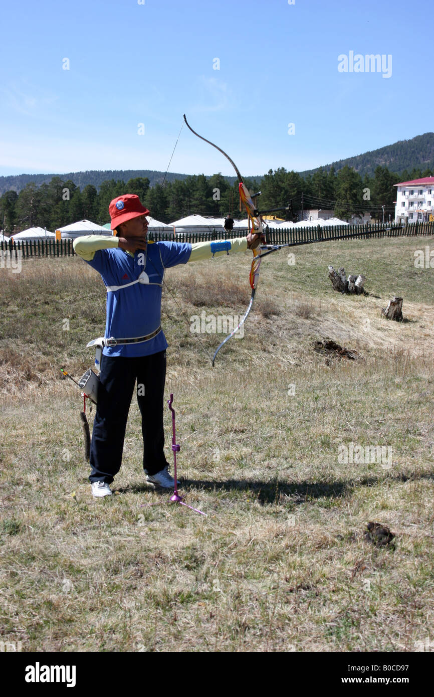 archer near ger camp, Mongolia Stock Photo