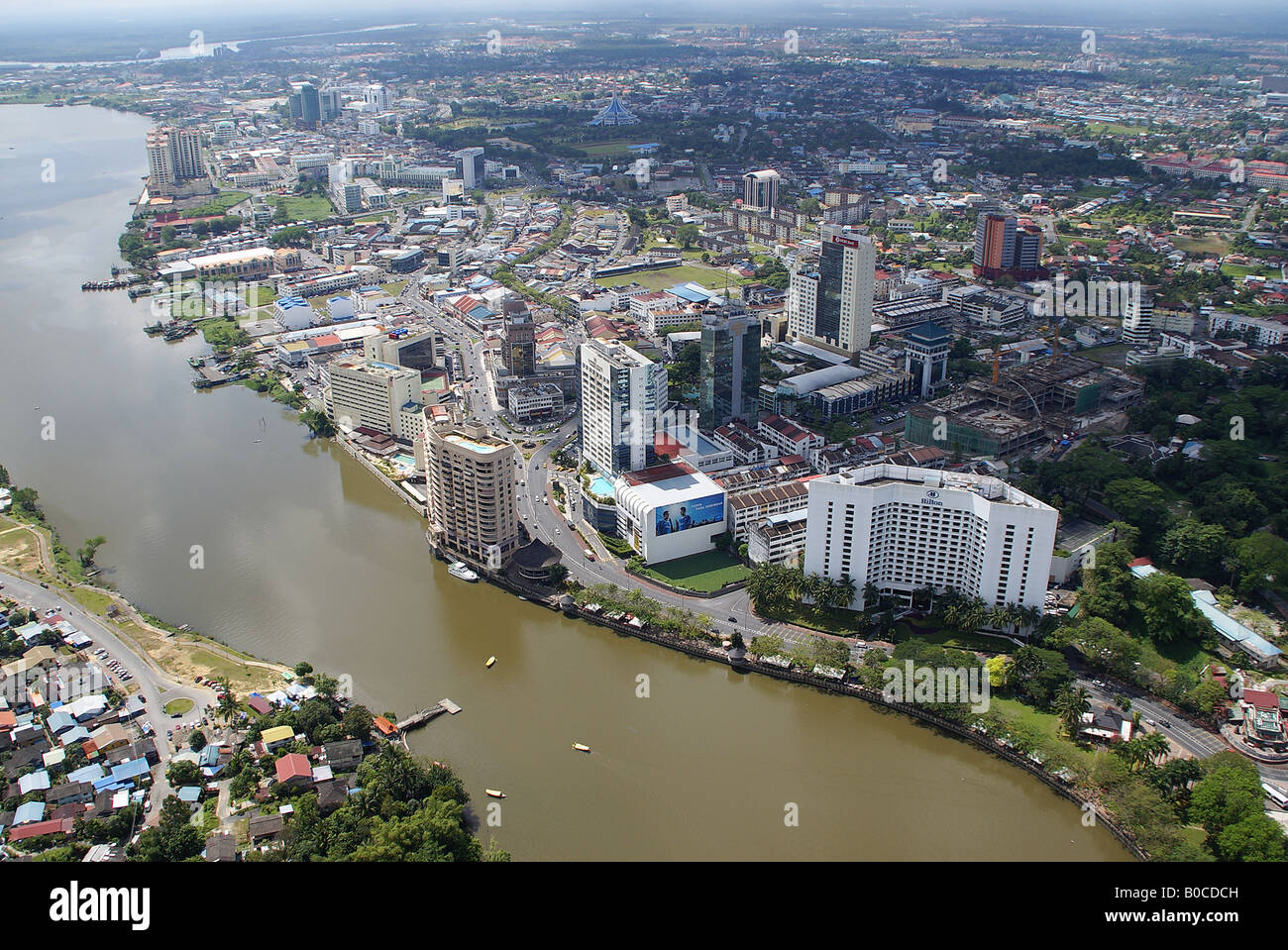 Aerial view of the centre of Kuching showing the Sarawak river Stock