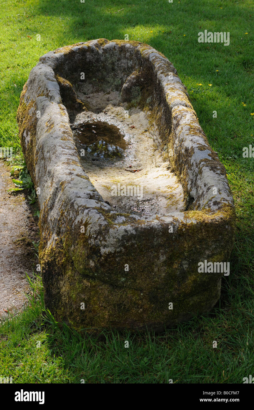 Stone coffin . Church of Saint Peter , Heysham , Lancashire , England , United Kingdom , Europe . Stock Photo