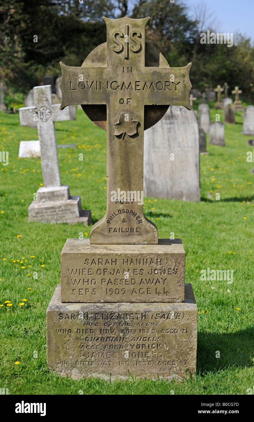 Grave of Sarah Hannah Jones, 'Poet, Philosopher and Failure'. Church of Saint Peter , Heysham , Lancashire , England , United Kingdom , Europe . Stock Photo