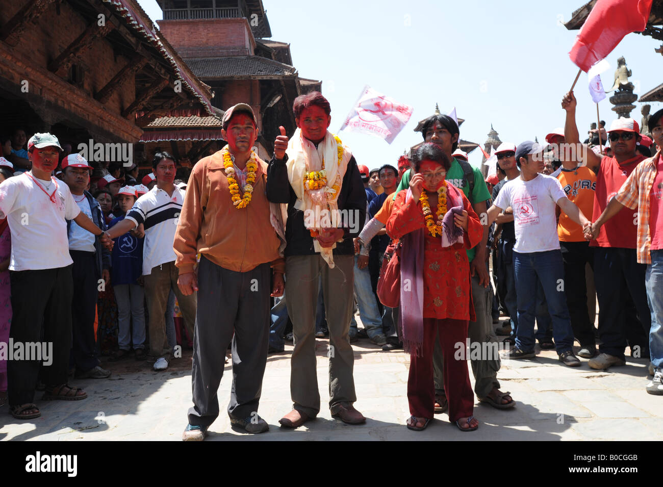 Maoist leaders celebrating Victory in April 2008 elections in Patan Durbar Square Nepal on April 13th 2008. Stock Photo