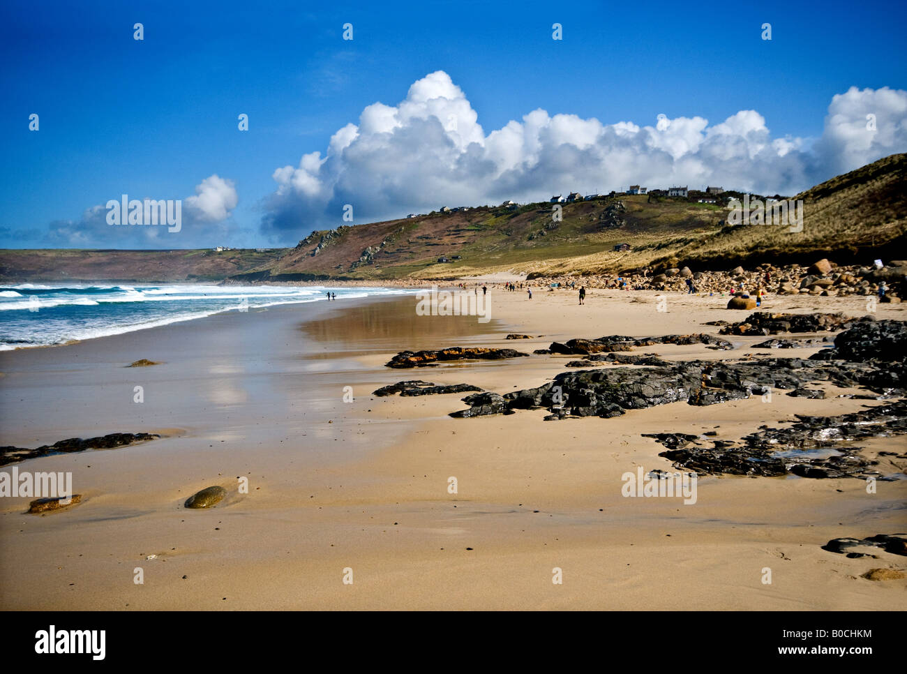 Low tide at Sennen Cove in Cornwall. Stock Photo