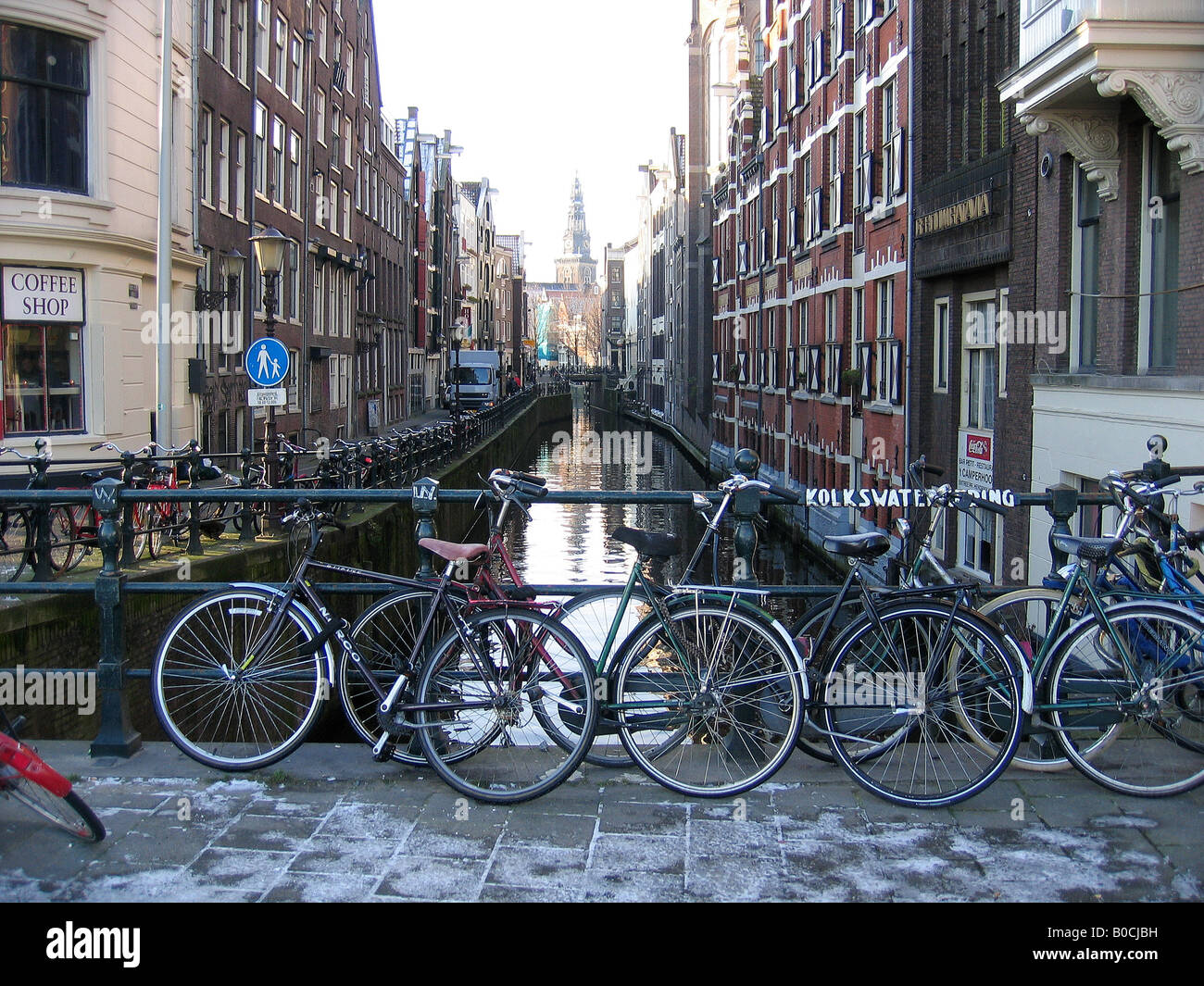 Bikes near a coffeeshop in Amsterdam, Just a coffeeshop in Amsterdam Stock Photo