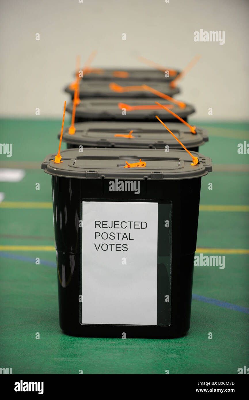 Ballot boxes containing rejected postal votes from UK local elections. Stock Photo