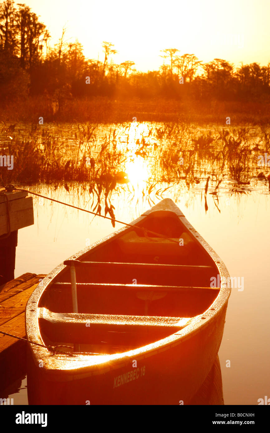 Canoe at Round Top Shelter at sunrise, Chase Prairie, Okefenokee Swamp