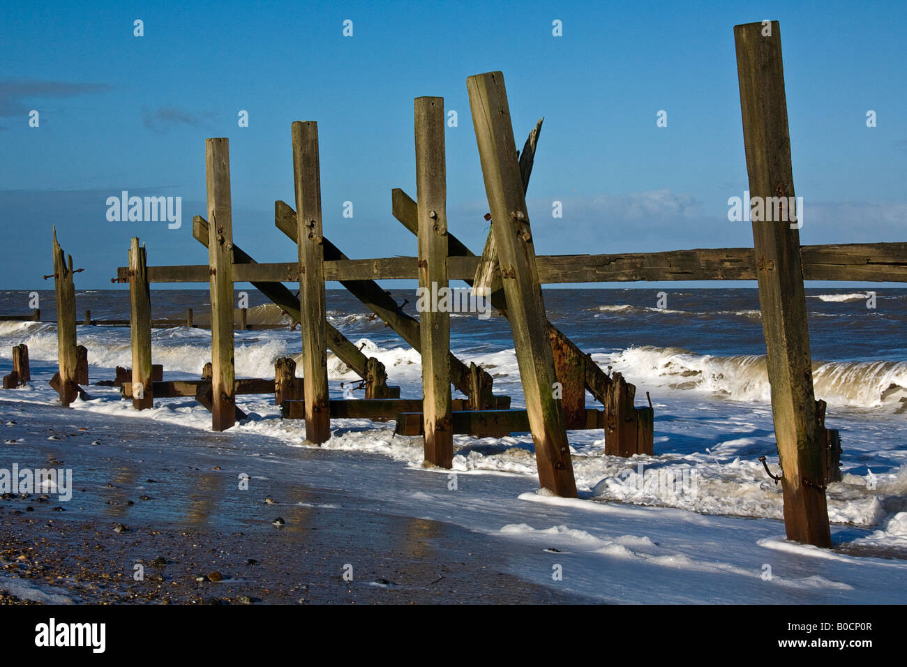 View of the remnant  sea defenses at Happisburgh, Norfolk. Stock Photo