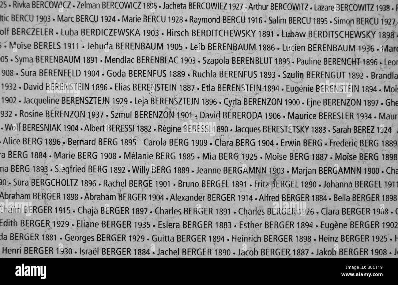 Some of the 76,000 names on the Wall of Names in the Memorial de la Shoah, Paris, France. Stock Photo