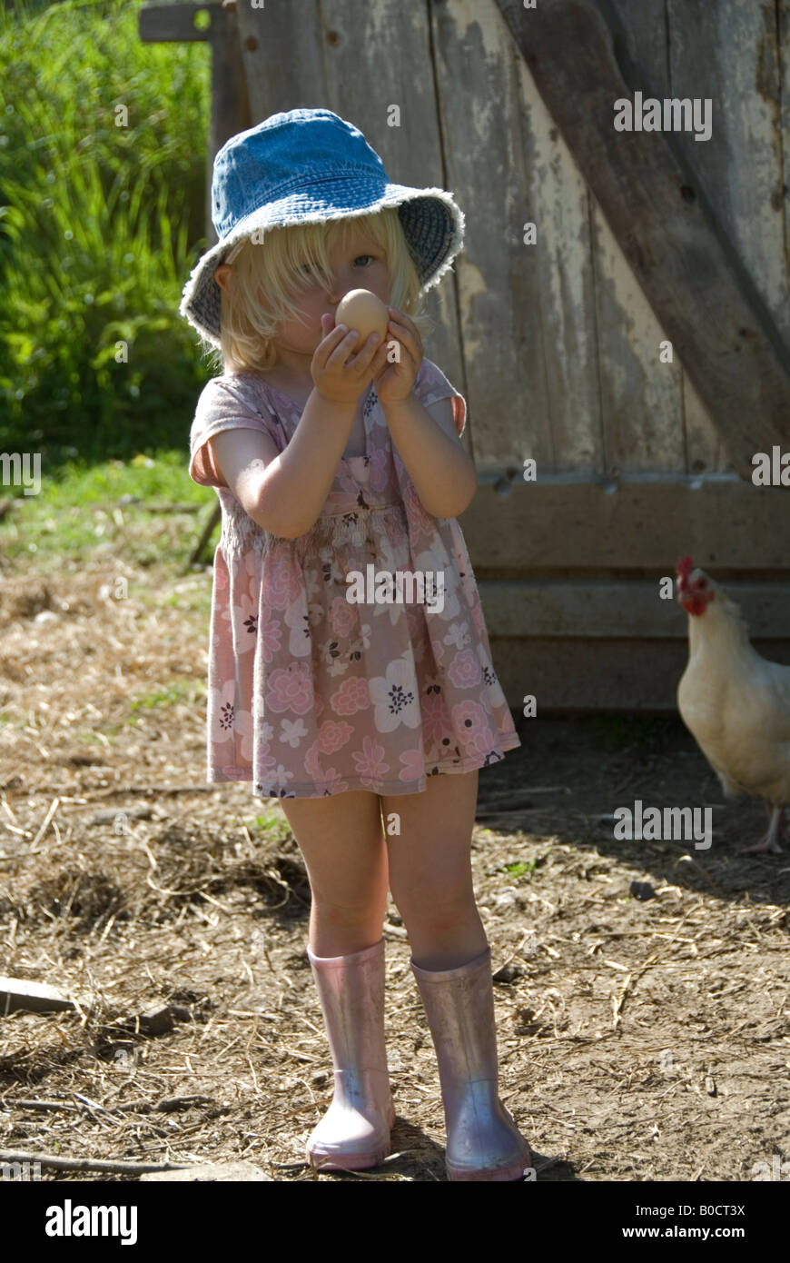 Stock photo of a two year old blond haired girl showing off an egg she has just collected from the free range chickens Stock Photo