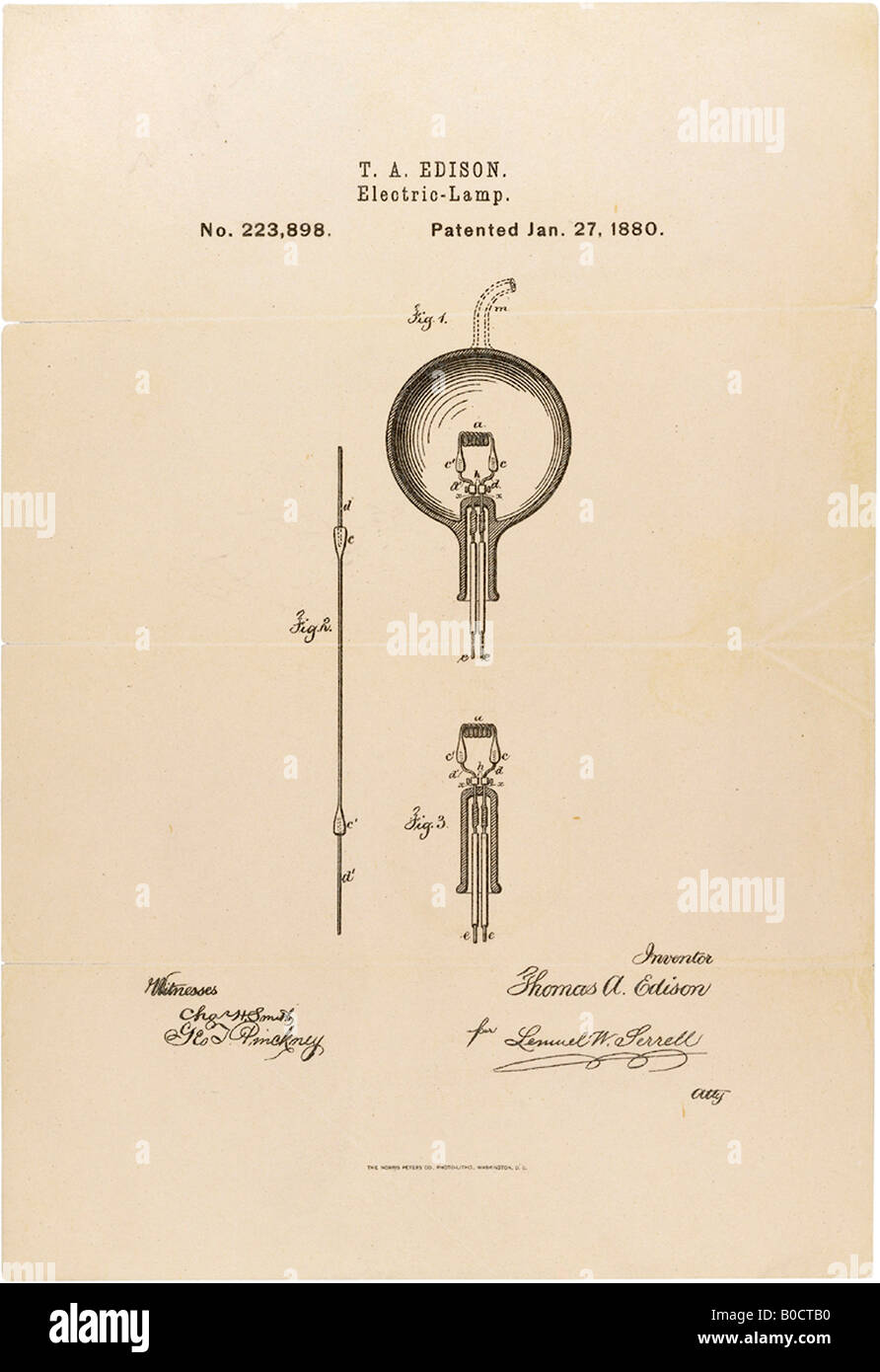 Thomas Edison's patent drawing for an improvement in electric lamps patented January 27 1880 Stock Photo