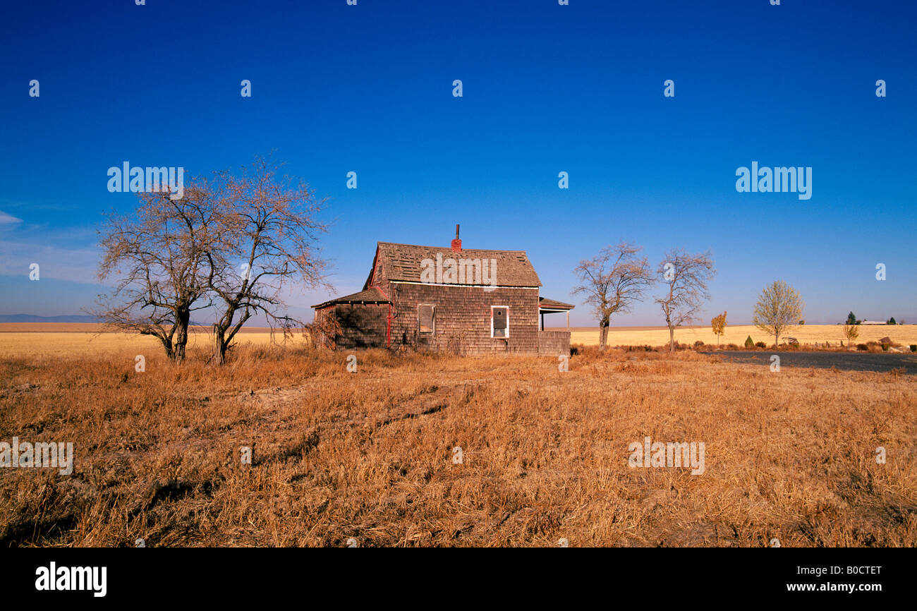 An ancient farm house sits on an abandoned wheat field near the town of