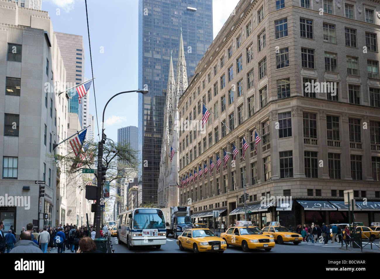 Saks Fifth Avenue and St Patrick's Cathedral, Fifth Avenue, Midtown Manhattan, New York City Stock Photo
