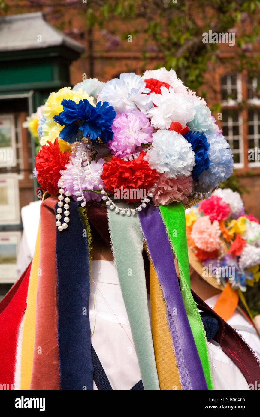 UK Cheshire Knutsford Royal May Day Morris dancers floral hat Stock