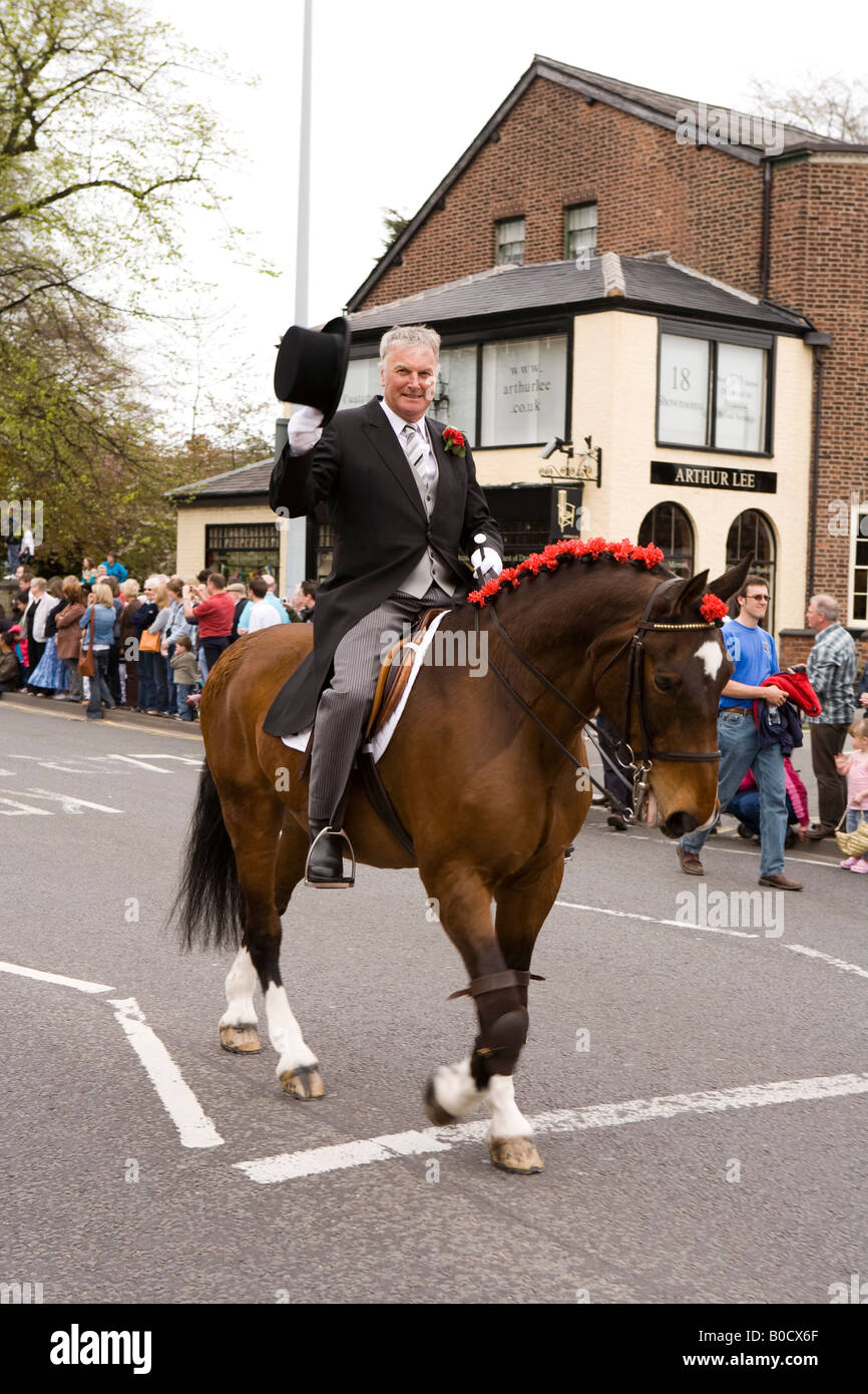 UK Cheshire Knutsford Royal May Day Procession Joe Gates on horseback Stock Photo