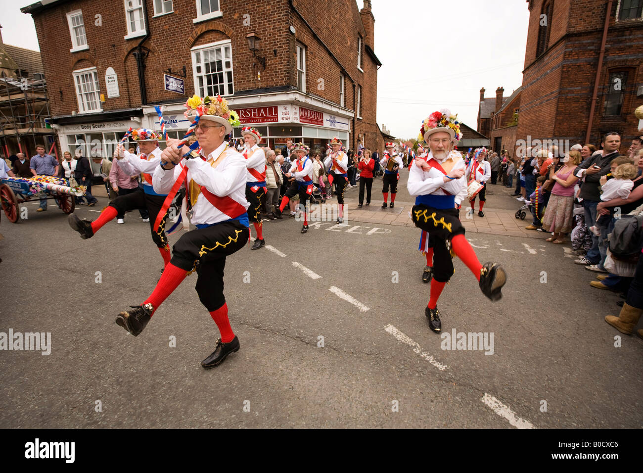 UK Cheshire Knutsford Royal May Day Procession Manchester Morris Men dancing Stock Photo