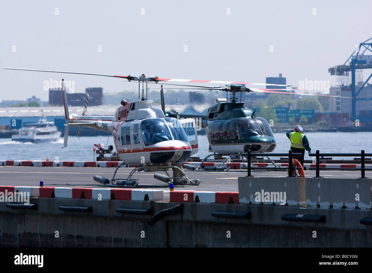Helicopters at the Manhattan Heliport Stock Photo