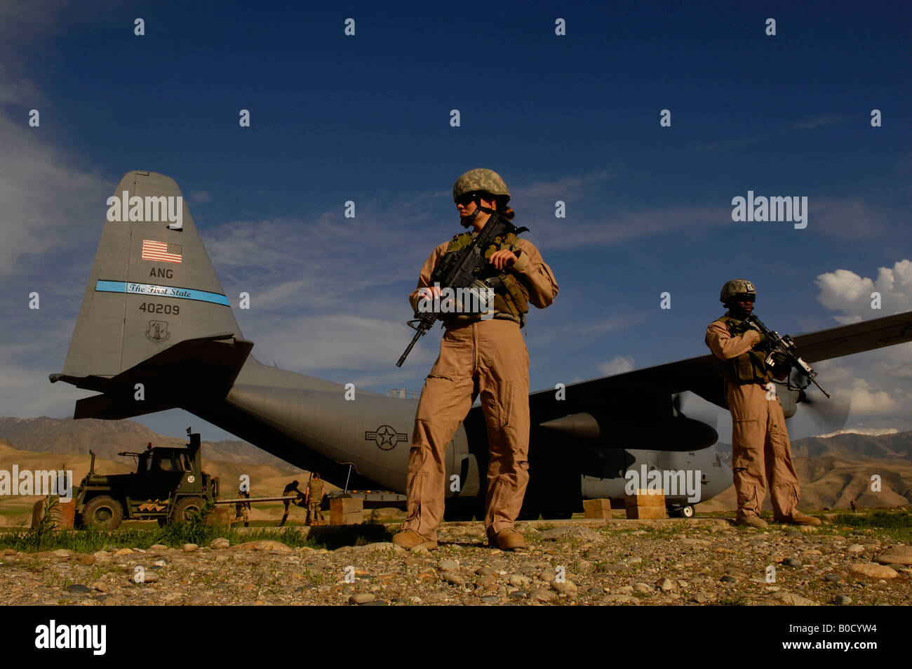 a C 130 Hercules aircraft during a cargo mission at Feyzabab Airfield in Afghanistan Stock Photo