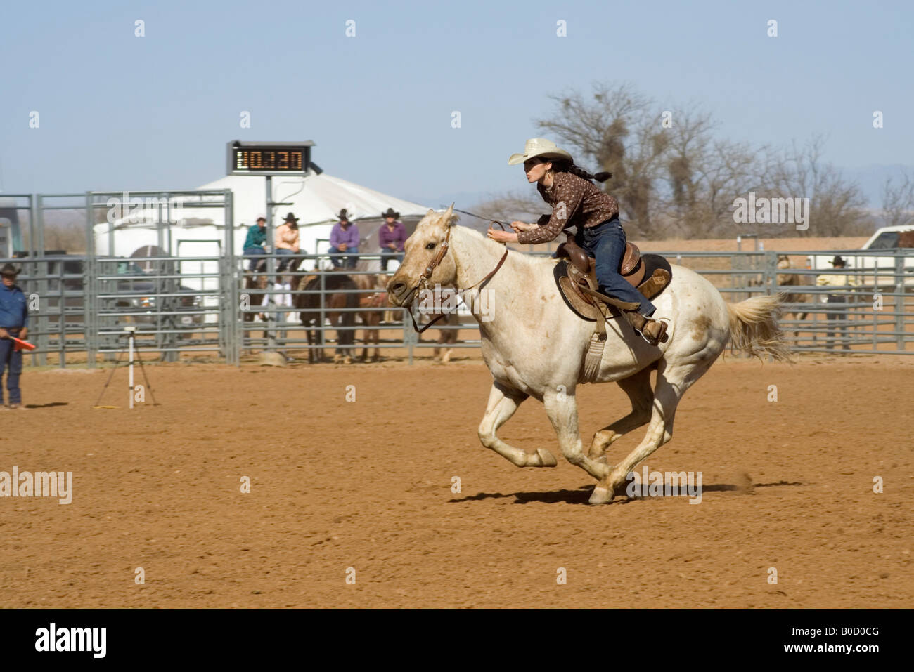 Young Cowgirl Racing From Barrel To Barrel At Rodeo Hair Flying Stock Photo  - Download Image Now - iStock