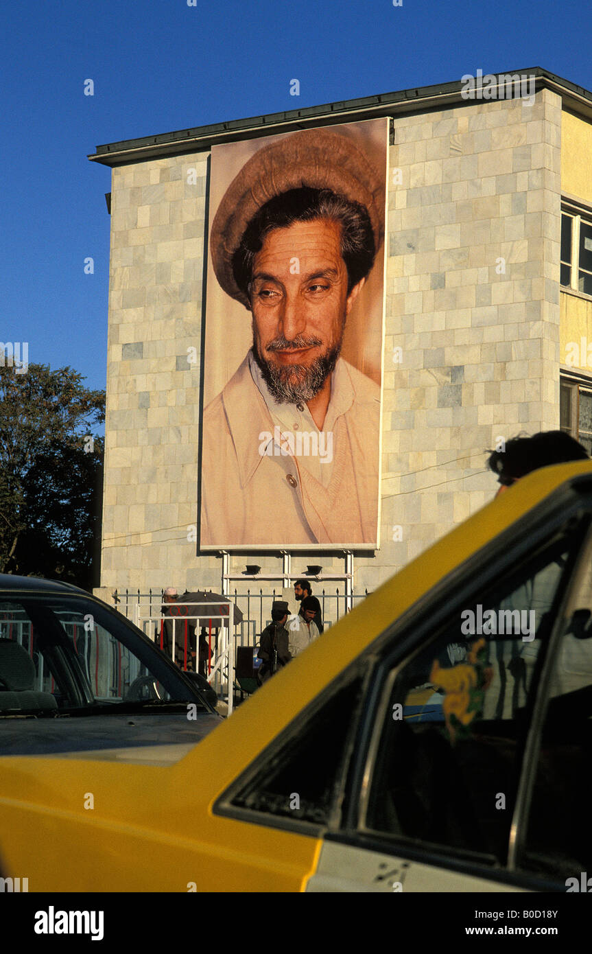 Kabul a bigger than life portrait on the wall of national hero and warlord Ahmad Shah Massoud Stock Photo