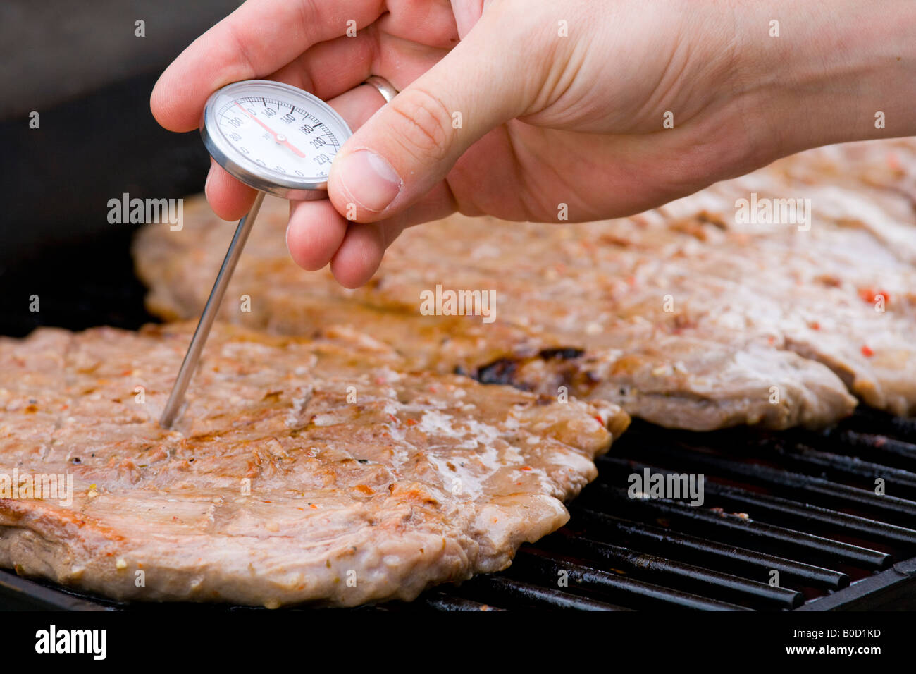 Using a meat thermometer to measure internal temperature of roasted beef  joint Stock Photo - Alamy