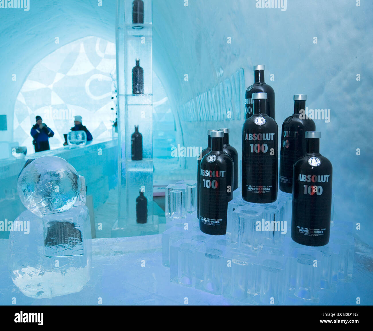 Absolut vodka bottles in the Absolut icebar inside the Jukkasjarvi icehotel in northern Sweden Stock Photo