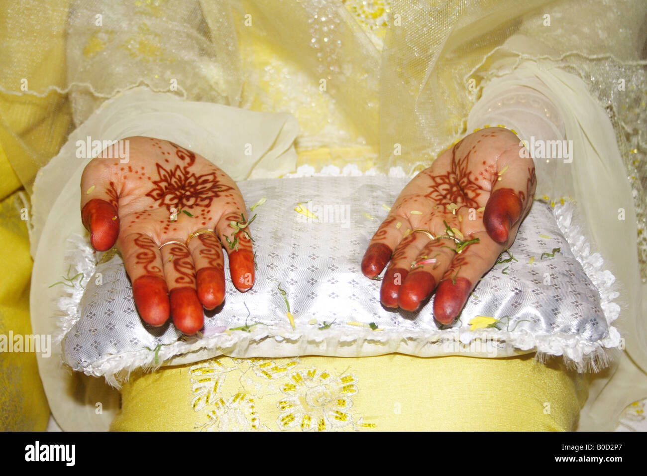 Henna,hand painting on Malay bride's hands Stock Photo