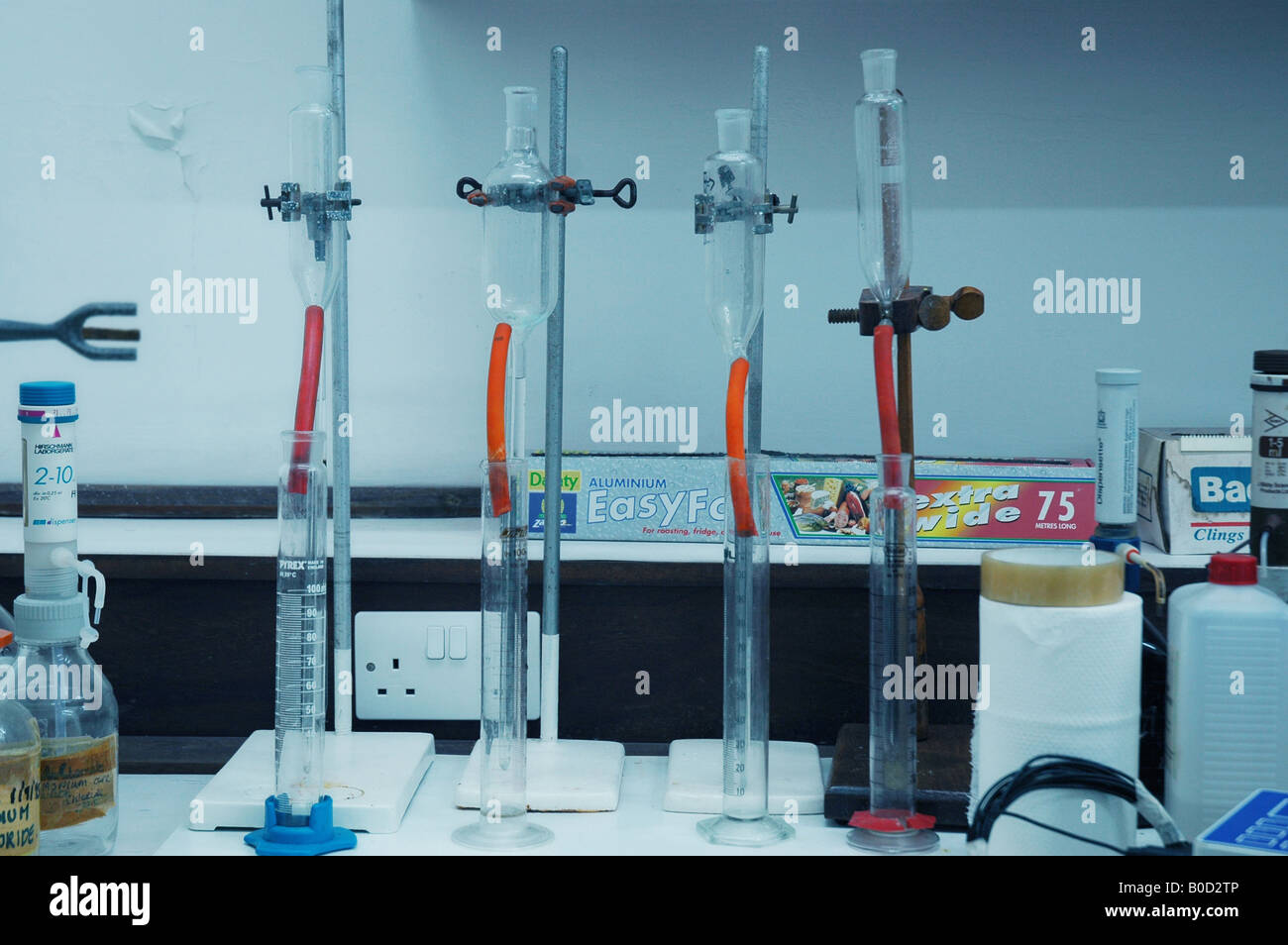 A shot of a group of chemical jars and containers in a laboratory Stock