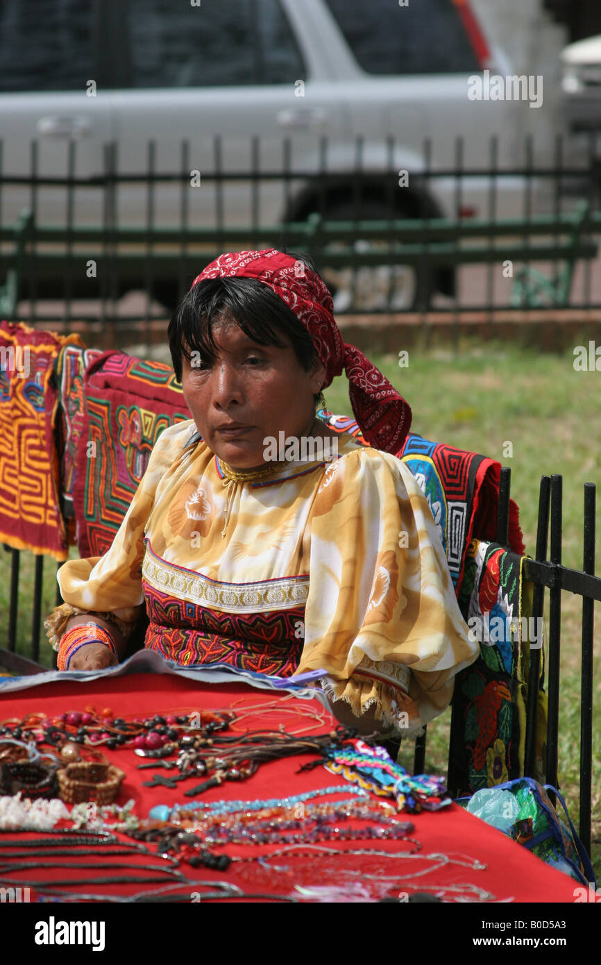 Kuna indian woman selling chaquiras at a street market of Panama City.  For Editorial Use Only. Stock Photo