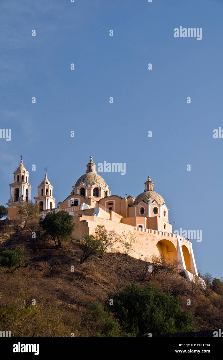 The church of Nuestra Señora de los Remedios, sitting on top of the Tlachihualtepetl pyramid in Cholula, Mexico. Stock Photo