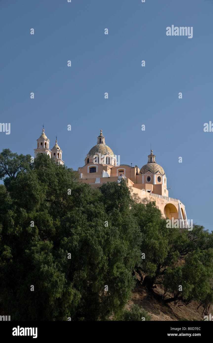 The church of Nuestra Señora de los Remedios, sitting on top of the Tlachihualtepetl pyramid in Cholula, Mexico. Stock Photo