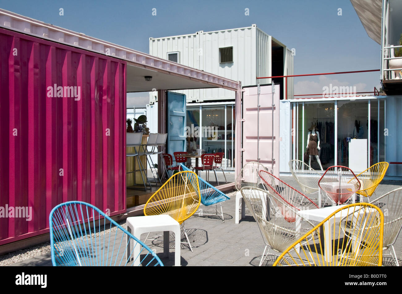 Cafe at Container City, Cholula, Mexico. A whole town of buildings built from re-used metal containers. Stock Photo