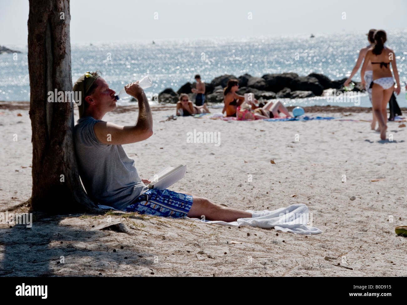 Young man reading a book on Fort Zachary Taylor Beach in Key West Florida USA Stock Photo