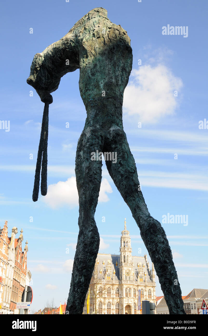 Johan Tahon's UNIVERSUS sculpture with the Oudenaarde town hall in the background Oudenaarde Belgium Stock Photo