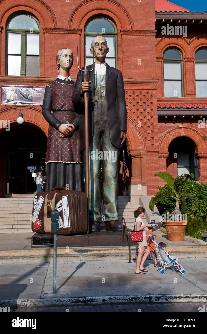 American Gothic by Grant Wood as a statue outside historic Customs