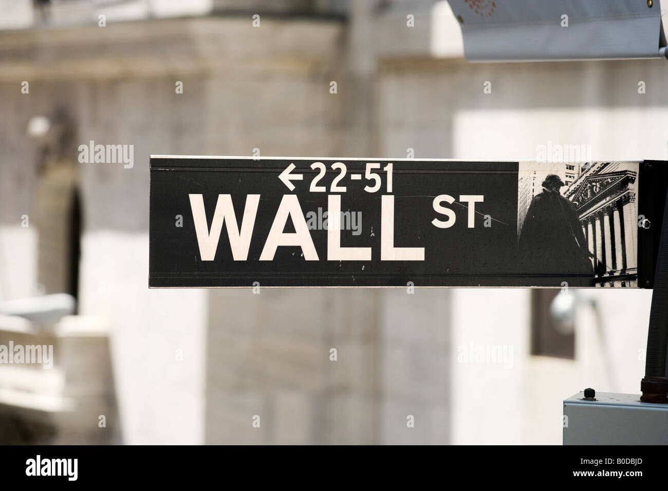 Wall Street sign in front of the New York Stock Exchange (NYSE), Wall Street, Financial District, NYC, New York City Stock Photo