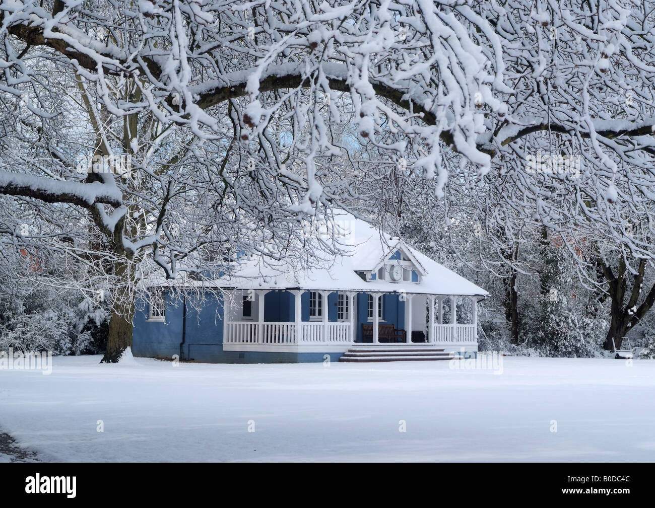 Sports pavilion at Worcester college Oxford England covered in snow Stock Photo