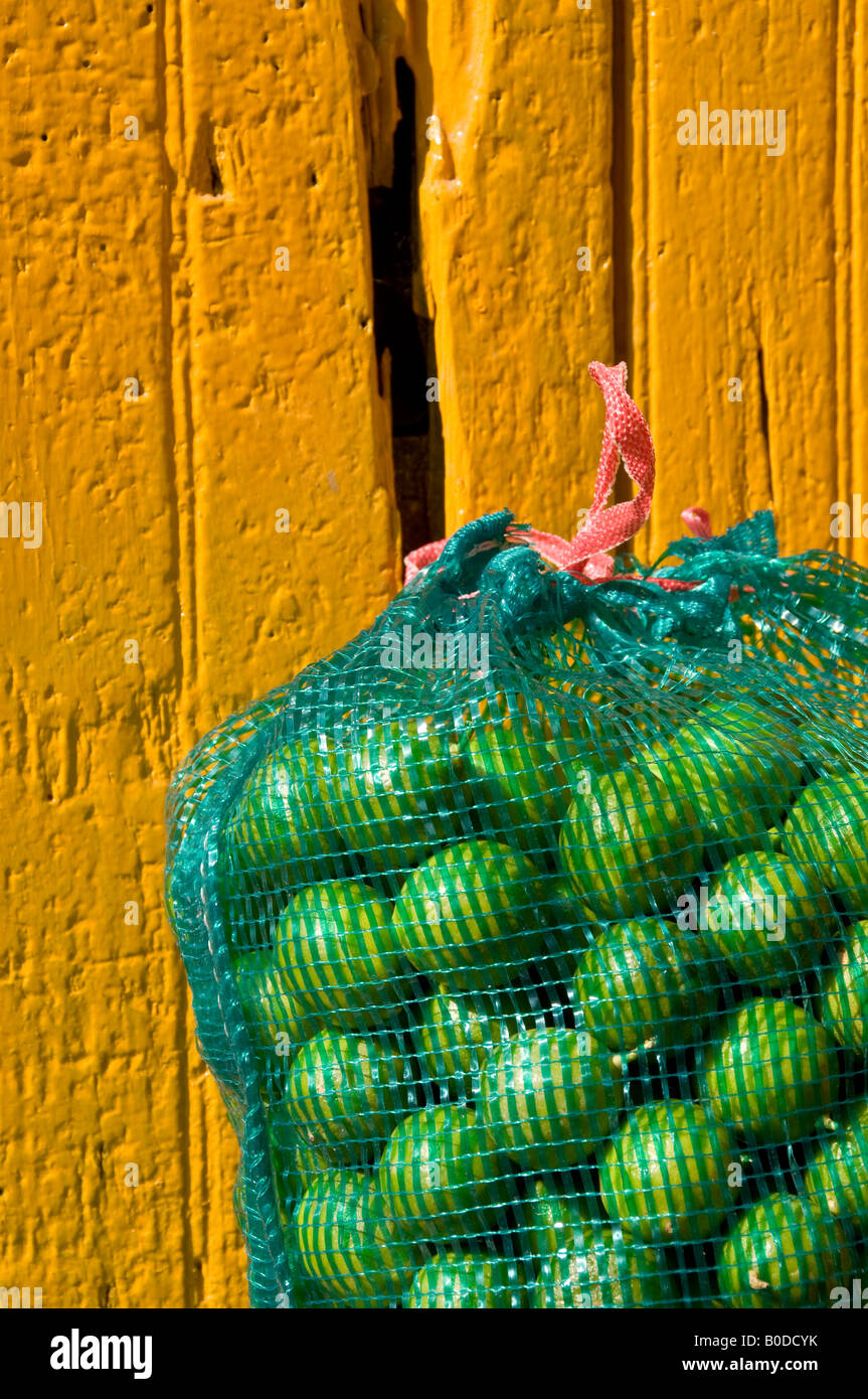 Sack of lovely bright green limes shot against an even brighter yellow door in Puebla Mexico Stock Photo