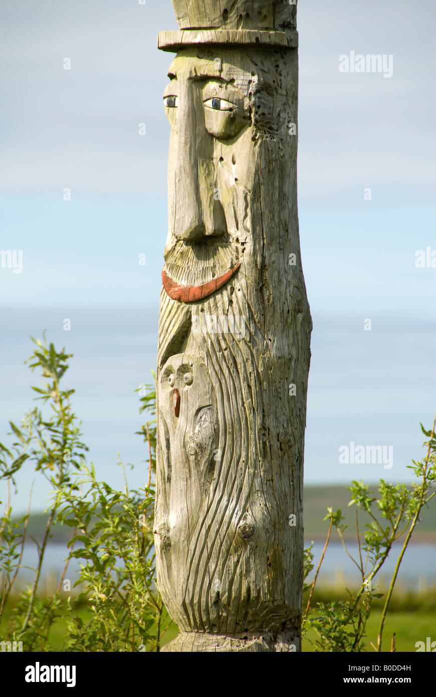 Detail from a Totem Pole in a garden at Evie, Mainland, Orkney Islands