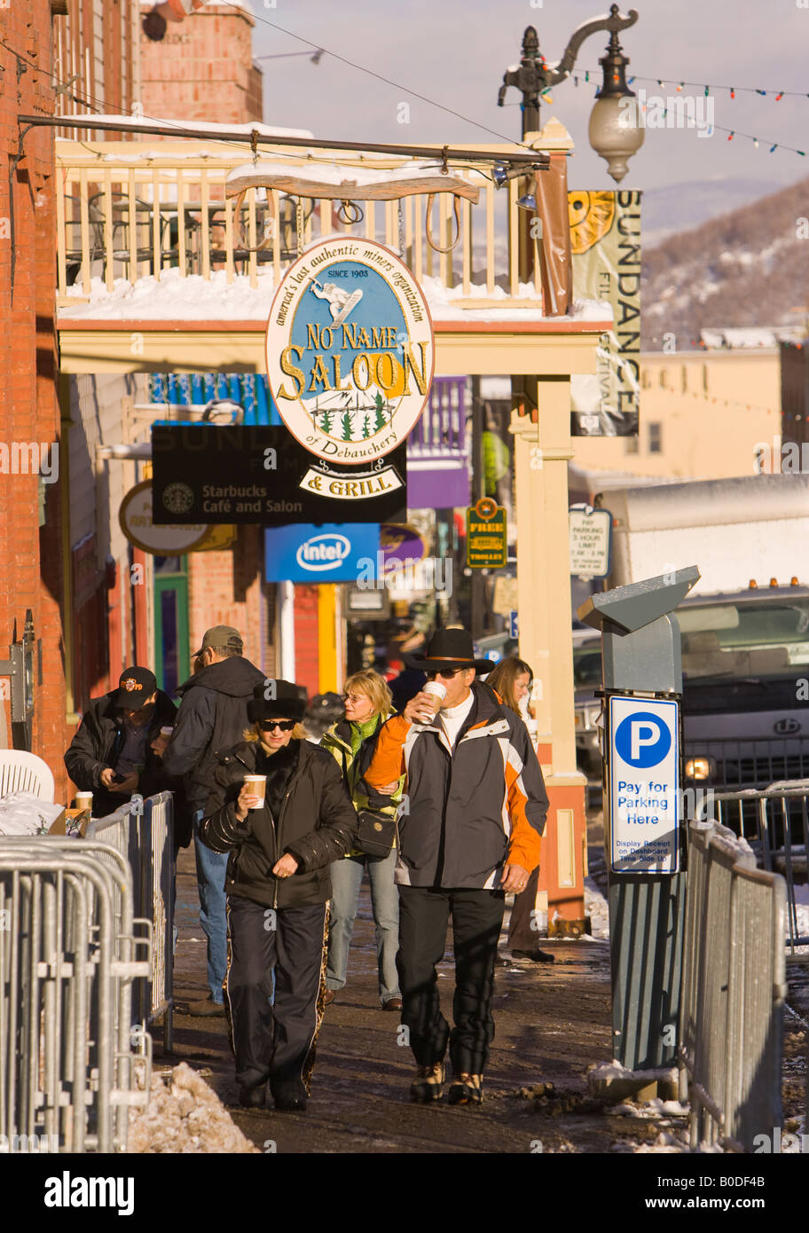 PARK CITY UTAH USA People on Main Street sidewalk during Sundance Film Festival Stock Photo