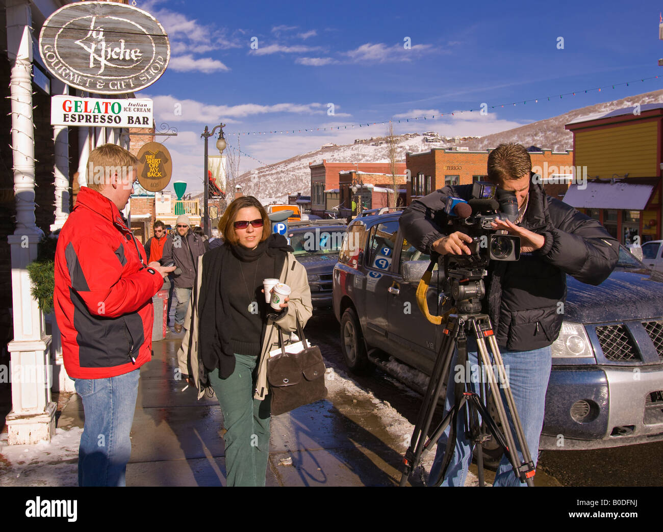 PARK CITY UTAH USA Camera man on Main Street during Sundance Film Festival Stock Photo