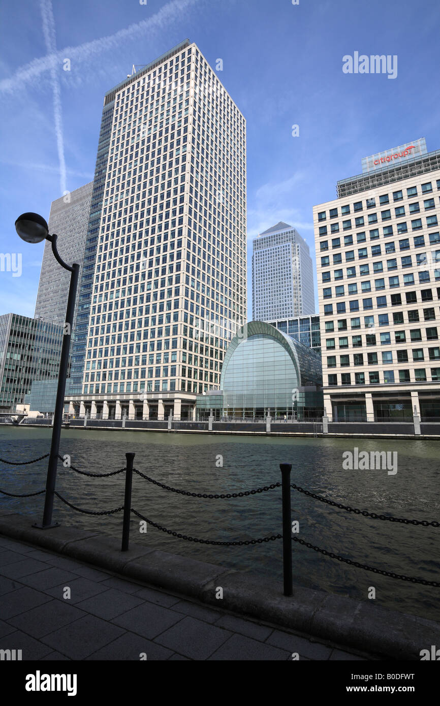 Canary Wharf, West India Docks - Modern Glass Buildings. Stock Photo