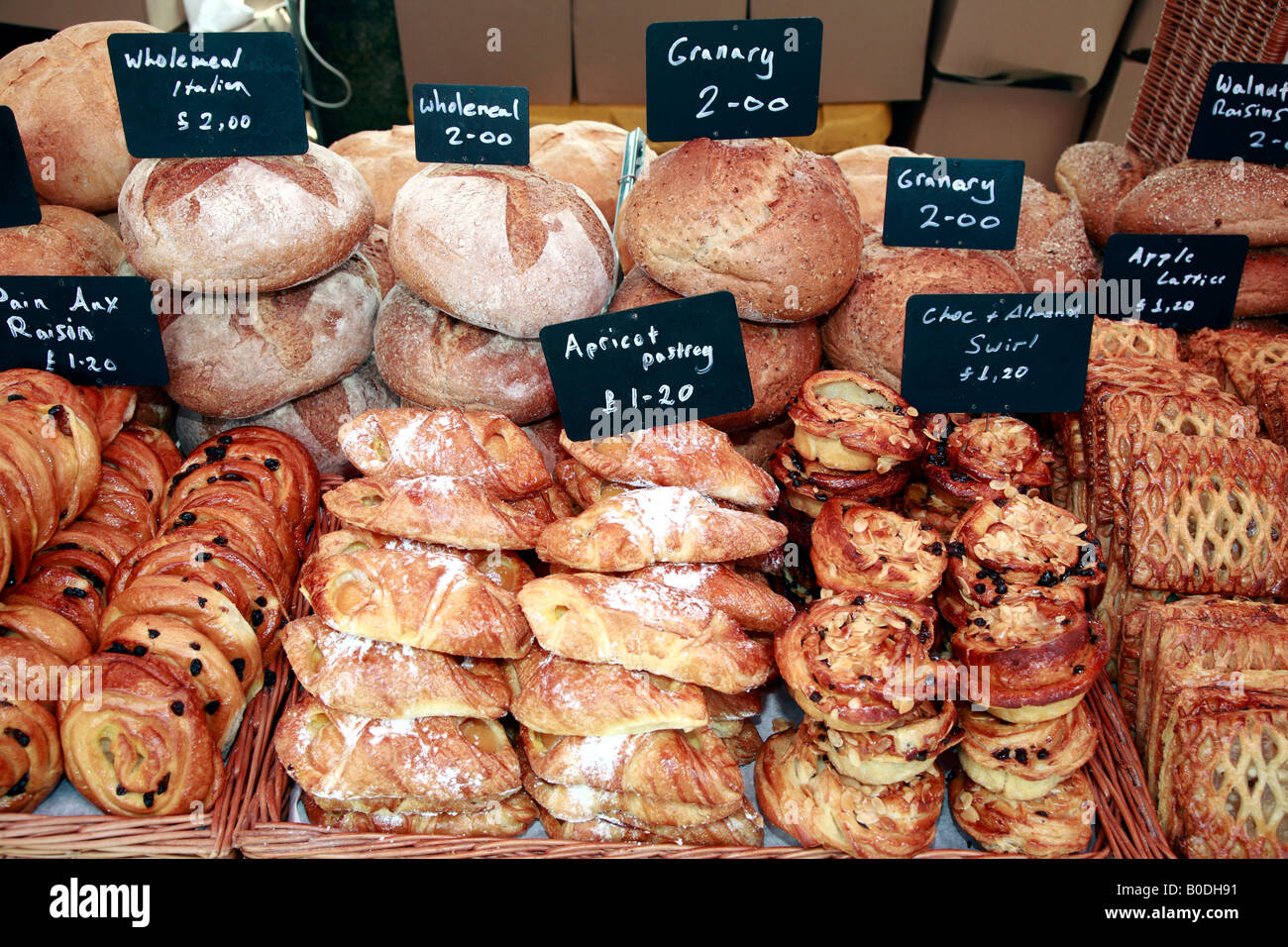 Bread and pastries at an Italian market in the UK. Stock Photo