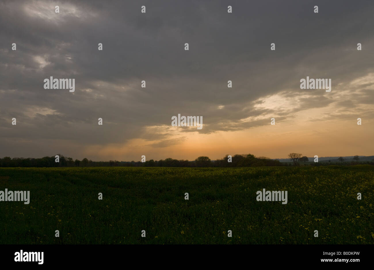colour image off looking at a colour image off a country landscape with a sunset/rise in the clouds in the sky Stock Photo