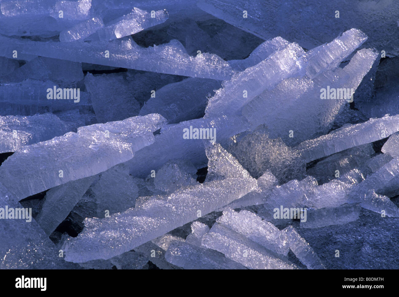 Shards of wind blown ice piled up on shore. Stock Photo