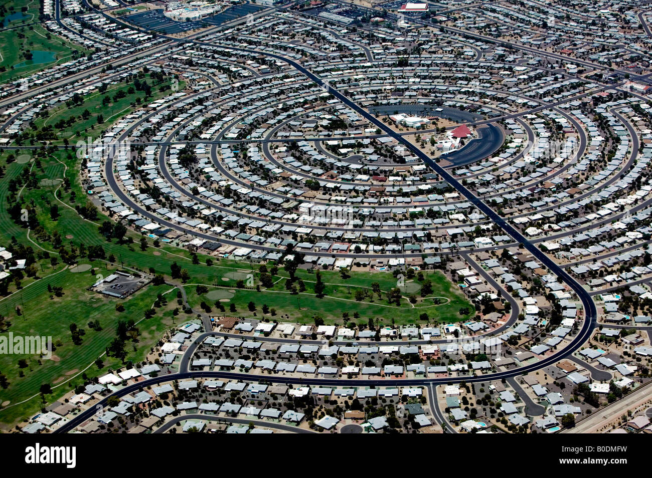 aerial view above Phoenix Arizona suburban residential circular housing tract Stock Photo